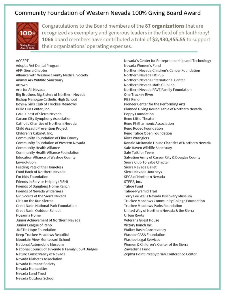 Community Foundation of Northern Nevada 100% Giving Board Award – For ...